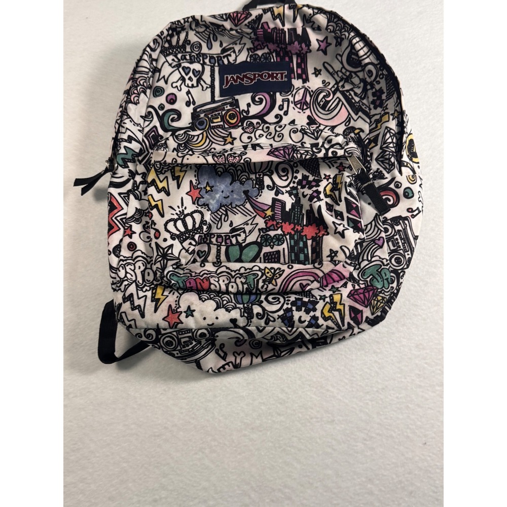 JanSport SuperBreak Backpack White Multi Color Doodle Graffiti Print T501 Bag
